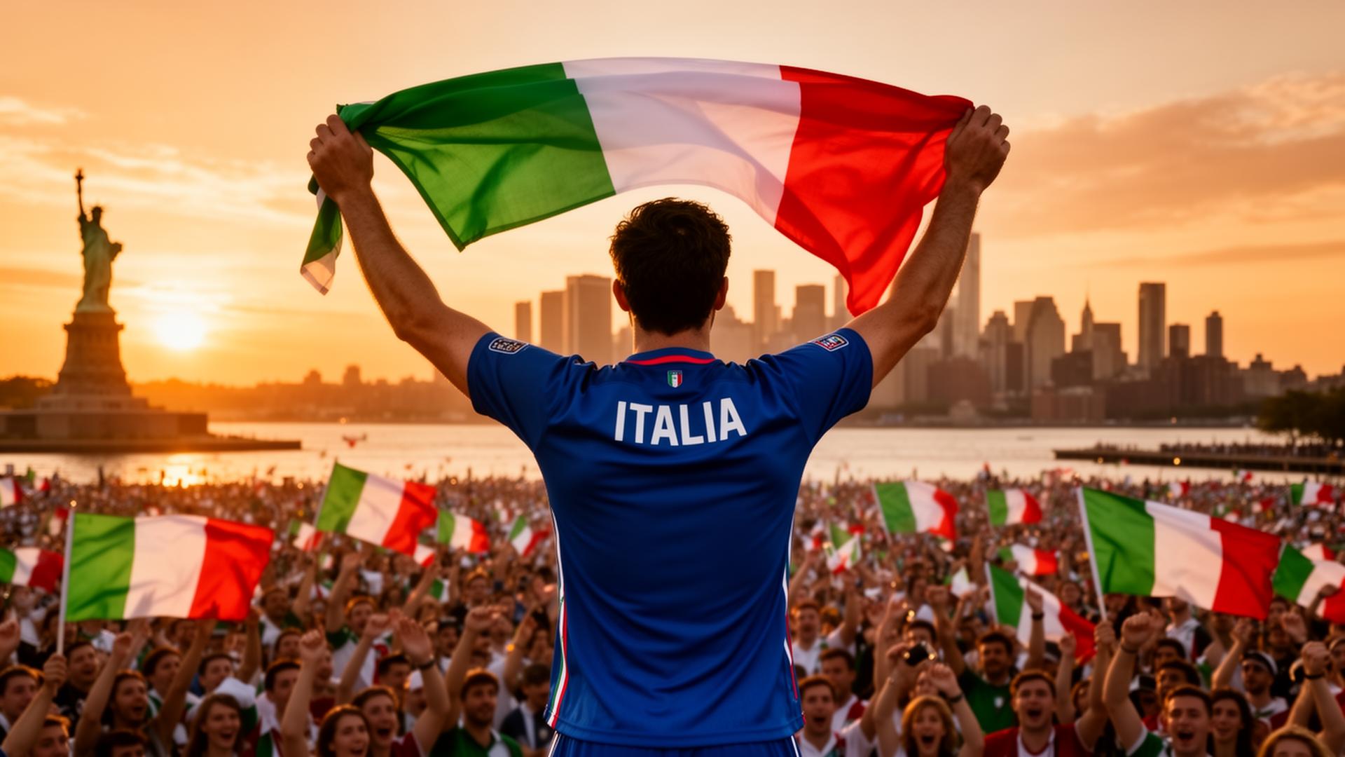 Italiani che festeggiano in piazza al tramonto